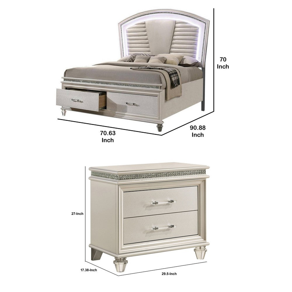 Queen Bedroom Set in Pearl White & Silver with Clear Wood Accents – 3 Piece Set with 2 Nightstands
