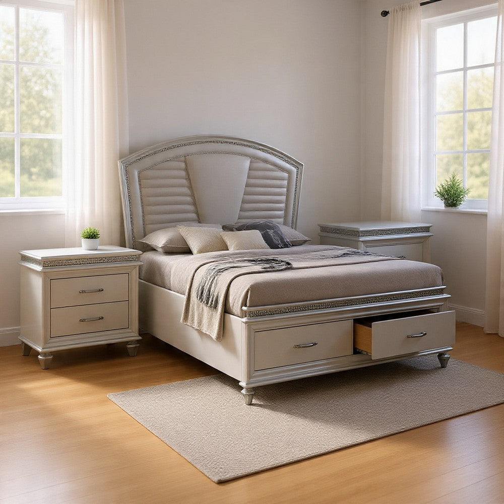 Queen Bedroom Set in Pearl White & Silver with Clear Wood Accents – 3 Piece Set with 2 Nightstands