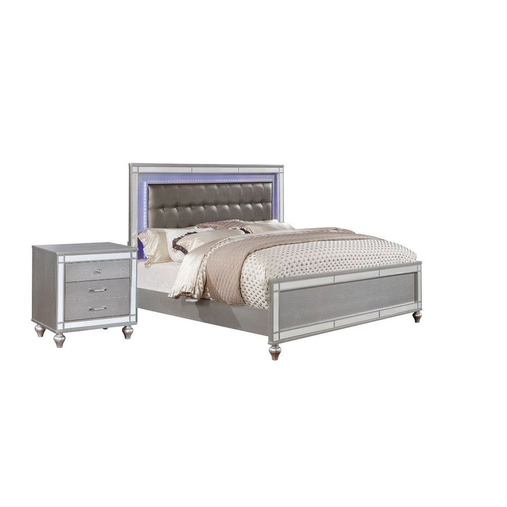 Queen Bedroom Set, Silver Wood, 2 Piece Set with Nightstand