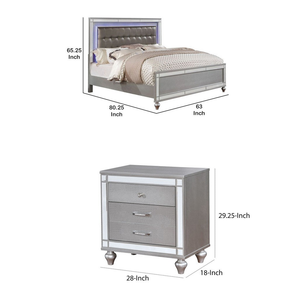 Queen Bedroom Set, Silver Wood, 2 Piece Set with Nightstand