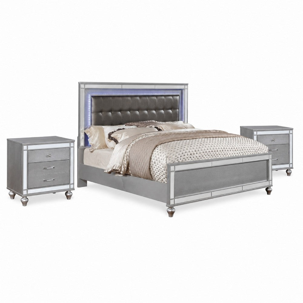 Queen Bedroom Set, Silver Wood, 3 Piece Set with 2 Nightstands