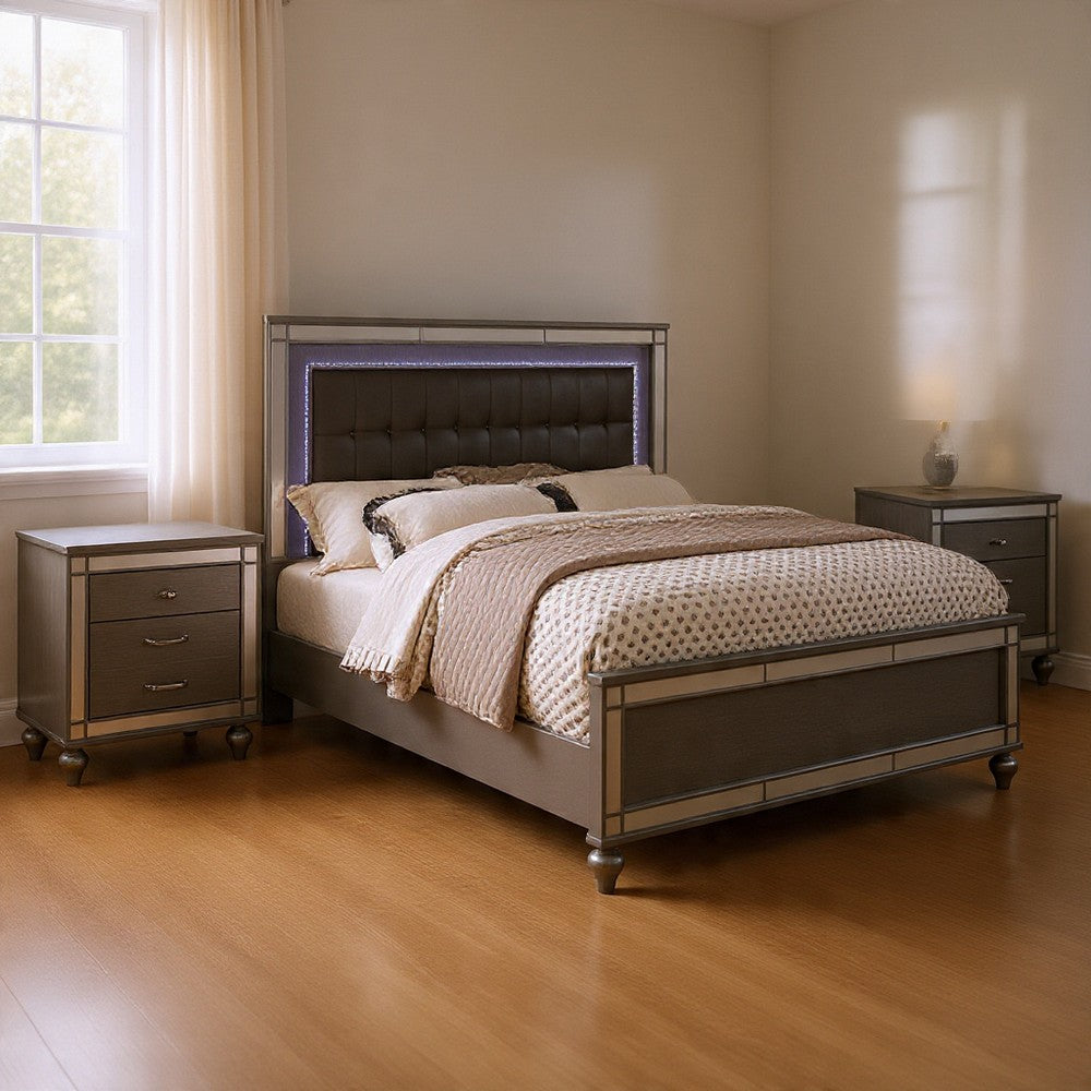 Queen Bedroom Set, Silver Wood, 3 Piece Set with 2 Nightstands