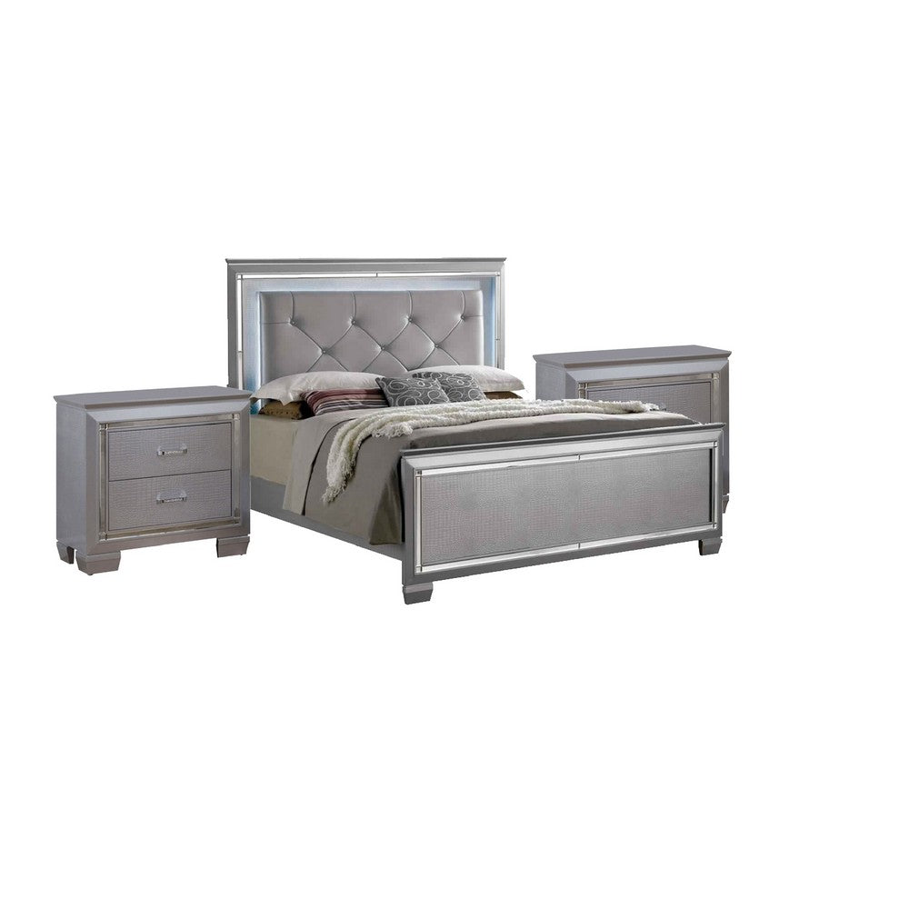 Queen Bedroom Set, Gray Wood, 3 Piece Set with 2 Nightstands