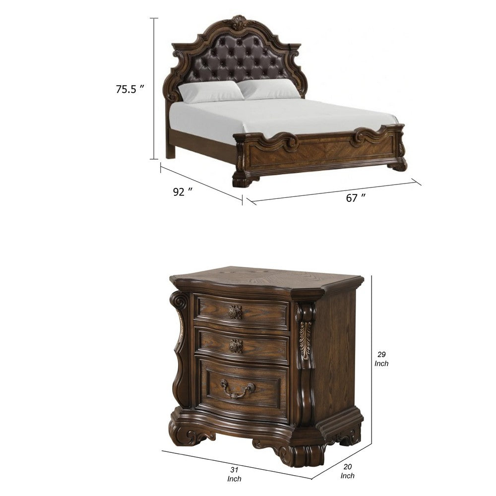 Queen Bedroom Set in Dark Brown & Bronze with Brown Wood – 2 Piece Set with Nightstand