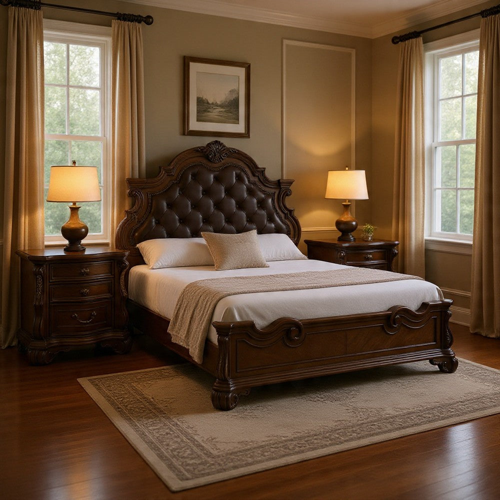 Queen Bedroom Set in Dark Brown & Bronze with Brown Wood – 2 Piece Set with Nightstand