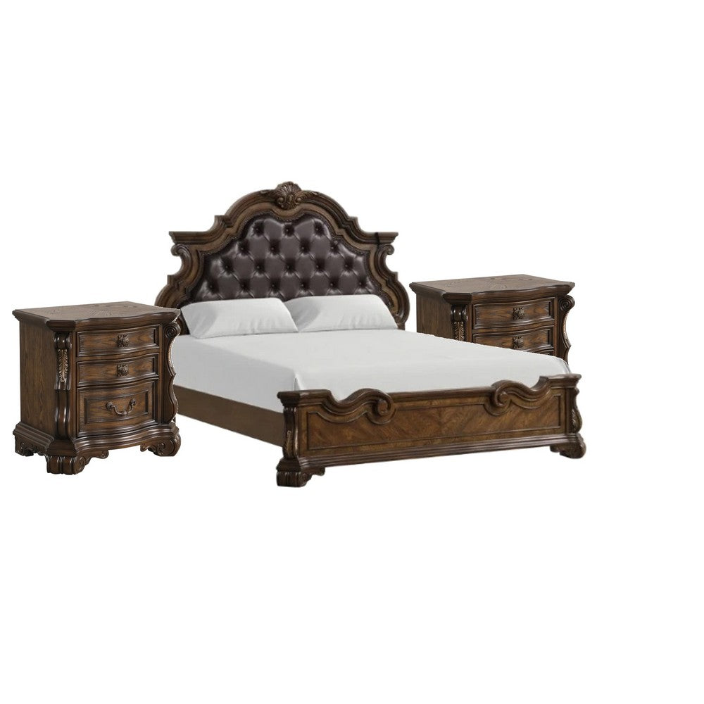 Queen Bedroom Set in Dark Brown & Bronze with Brown Wood – 3 Piece Set with 2 Nightstands