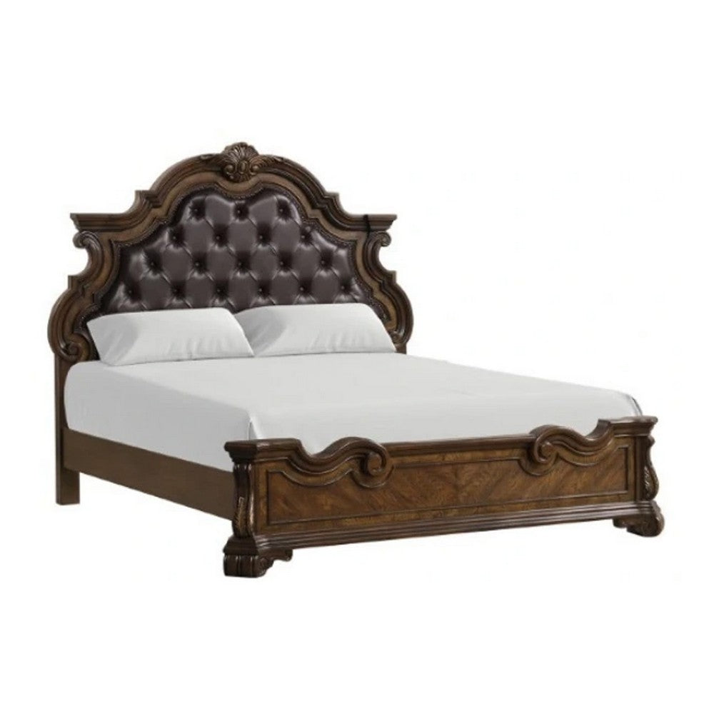 Queen Bedroom Set in Dark Brown & Bronze with Brown Wood – 3 Piece Set with 2 Nightstands