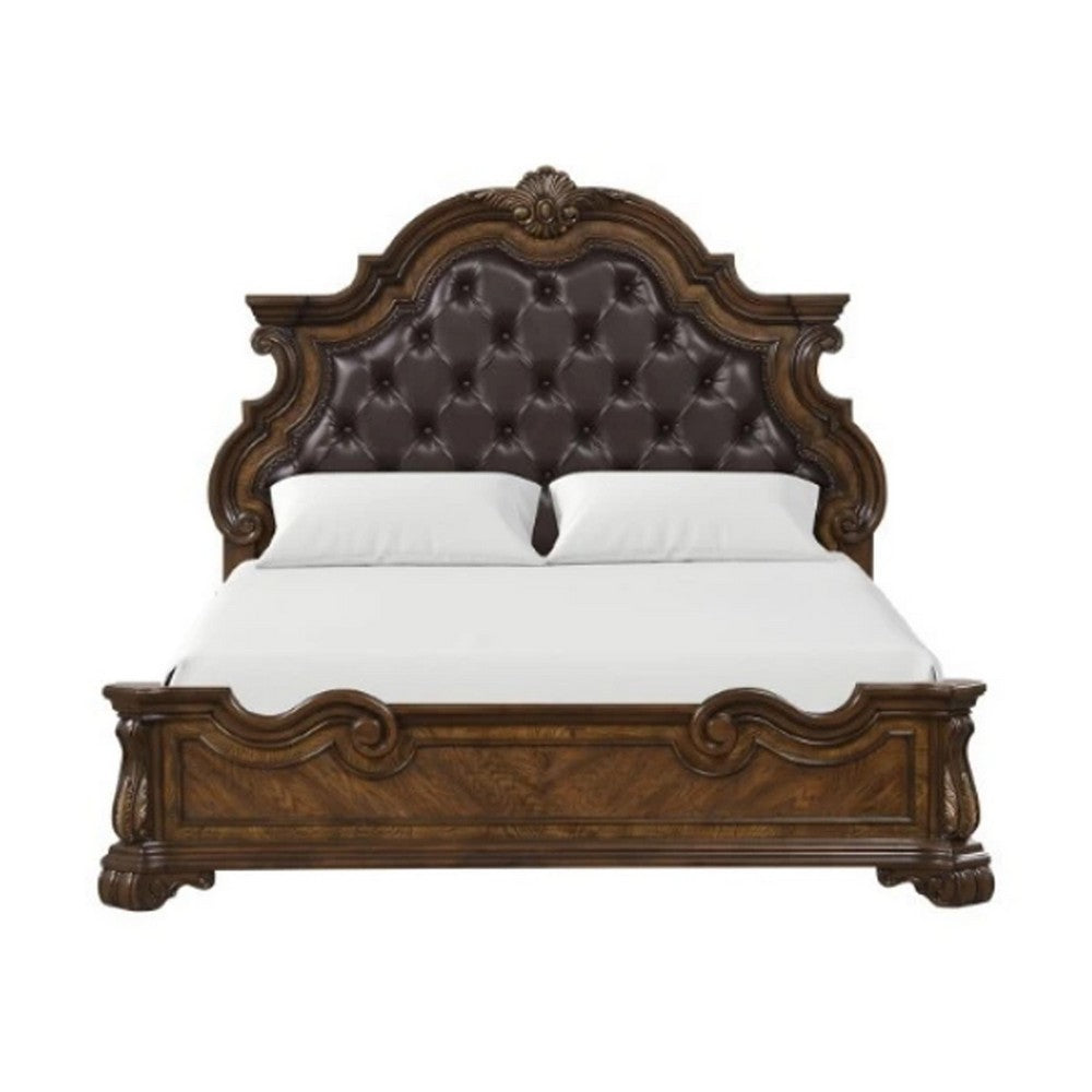 Queen Bedroom Set in Dark Brown & Bronze with Brown Wood – 3 Piece Set with 2 Nightstands