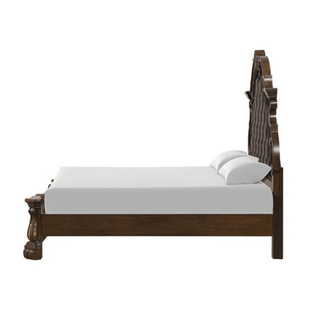 Queen Bedroom Set in Dark Brown & Bronze with Brown Wood – 3 Piece Set with 2 Nightstands