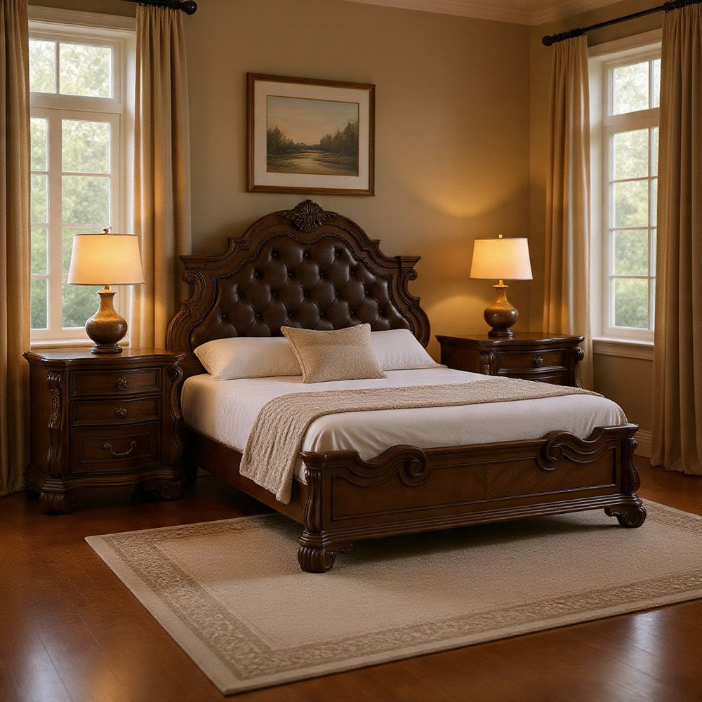 Queen Bedroom Set in Dark Brown & Bronze with Brown Wood – 3 Piece Set with 2 Nightstands