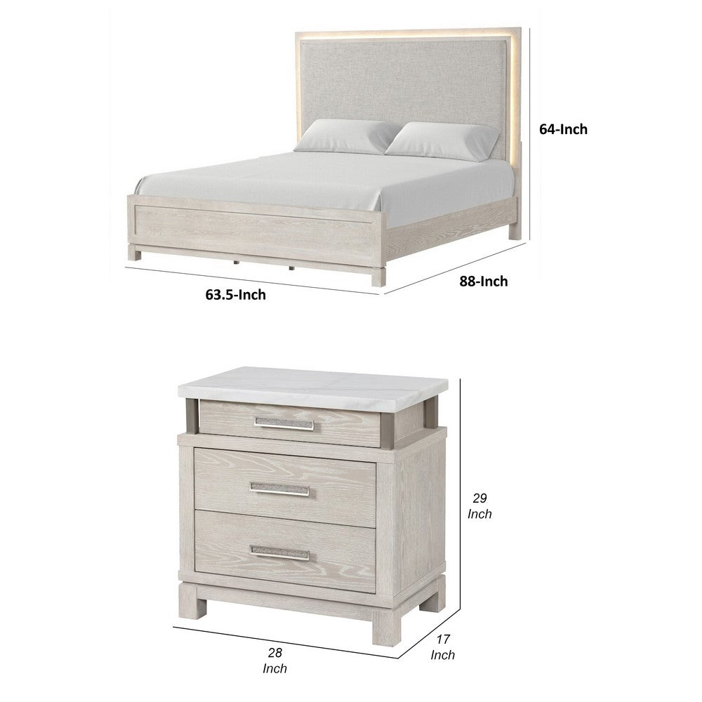 Queen Bedroom Set in Weathered Gray Wood with White & Silver Accents – 2 Piece Set with Nightstand