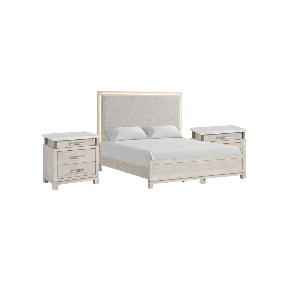 Queen Bedroom Set in Weathered Gray Wood with White & Silver Accents – 3 Piece Set with 2 Nightstands