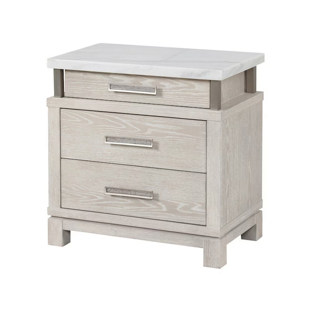Queen Bedroom Set in Weathered Gray Wood with White & Silver Accents – 3 Piece Set with 2 Nightstands