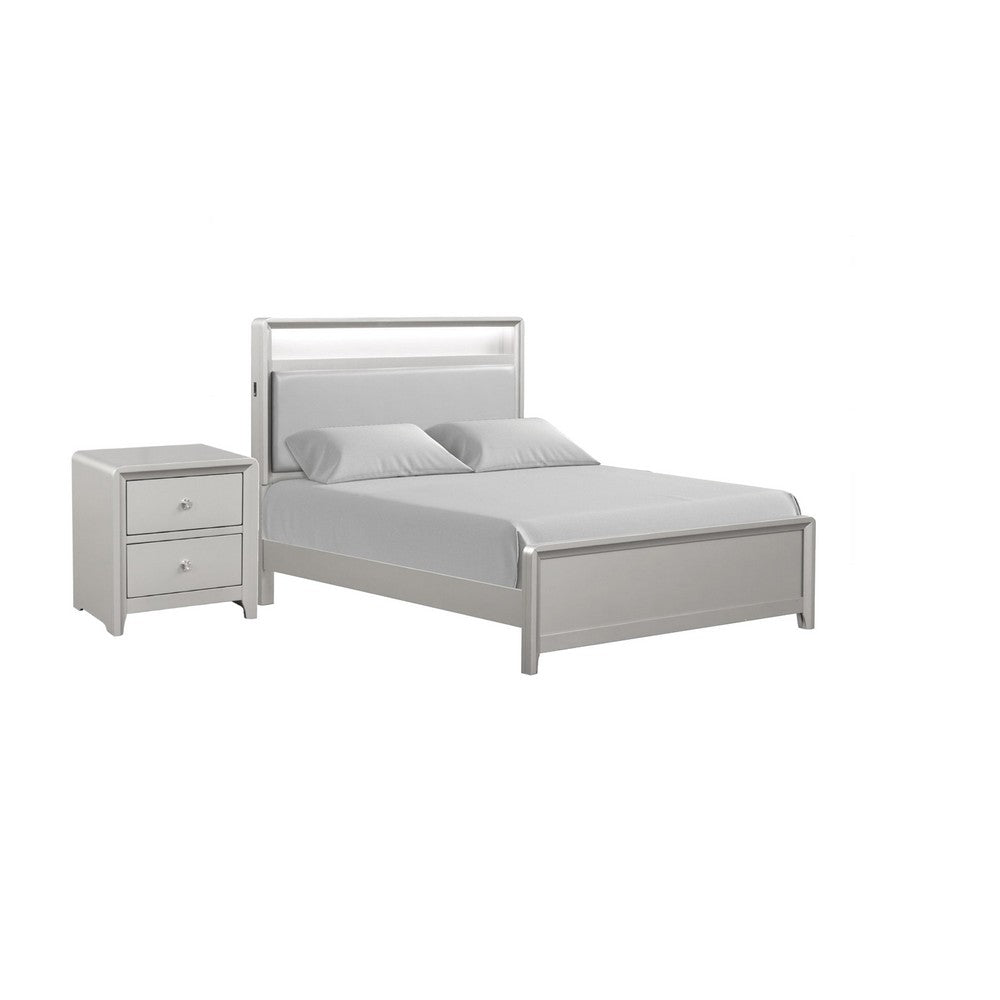 Queen Bedroom Set, Champagne Gray, Nickel, Champagne Silver Wood, 2 Piece Set with Nightstand