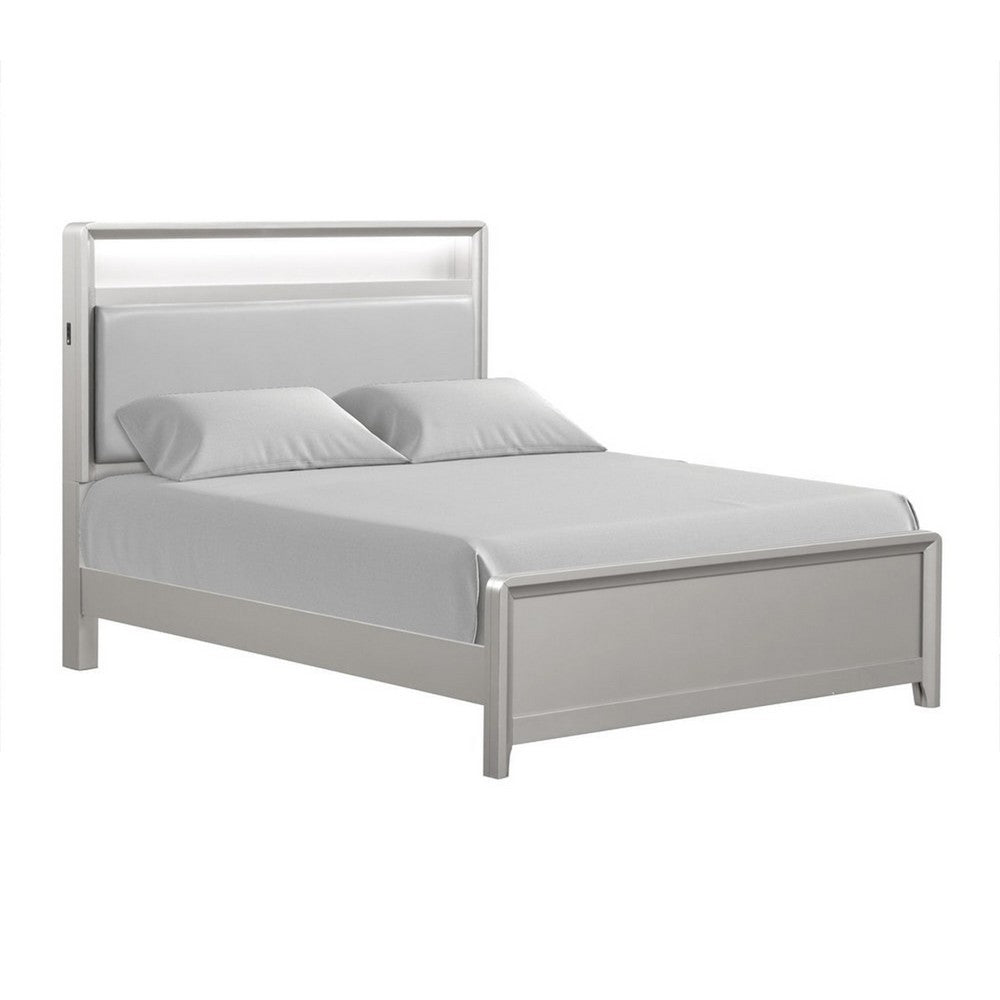 Queen Bedroom Set, Champagne Gray, Nickel, Champagne Silver Wood, 2 Piece Set with Nightstand