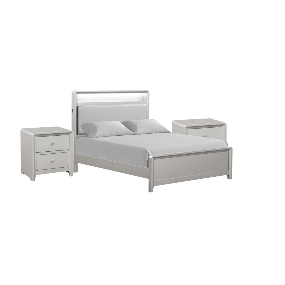 Queen Bedroom Set, Champagne Gray, Nickel, Champagne Silver Wood, 3 Piece Set with 2 Nightstands
