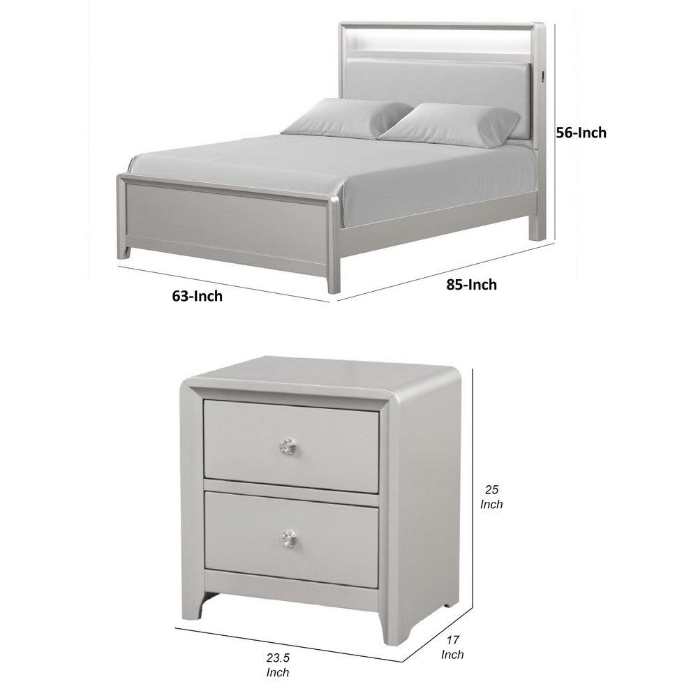 Queen Bedroom Set, Champagne Gray, Nickel, Champagne Silver Wood, 3 Piece Set with 2 Nightstands