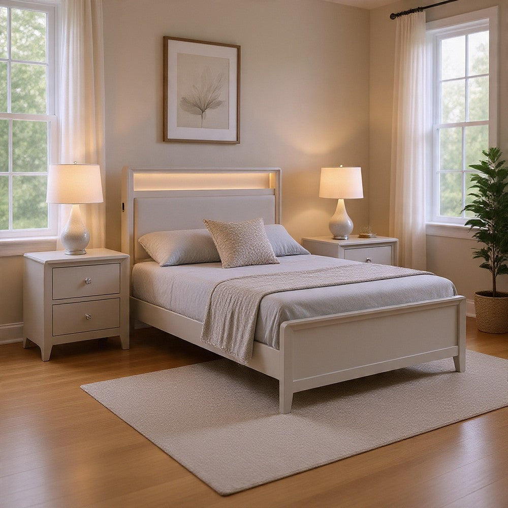 Queen Bedroom Set, Champagne Gray, Nickel, Champagne Silver Wood, 3 Piece Set with 2 Nightstands