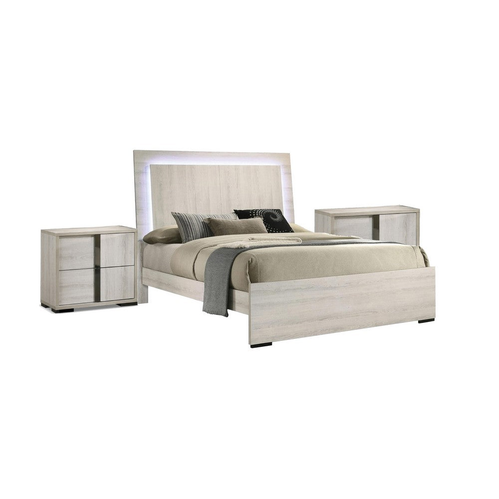 Queen Bedroom Set, White Wash, Chrome, 3 Piece Set with 2 Nightstands