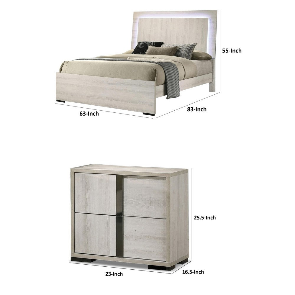 Queen Bedroom Set, White Wash, Chrome, 3 Piece Set with 2 Nightstands