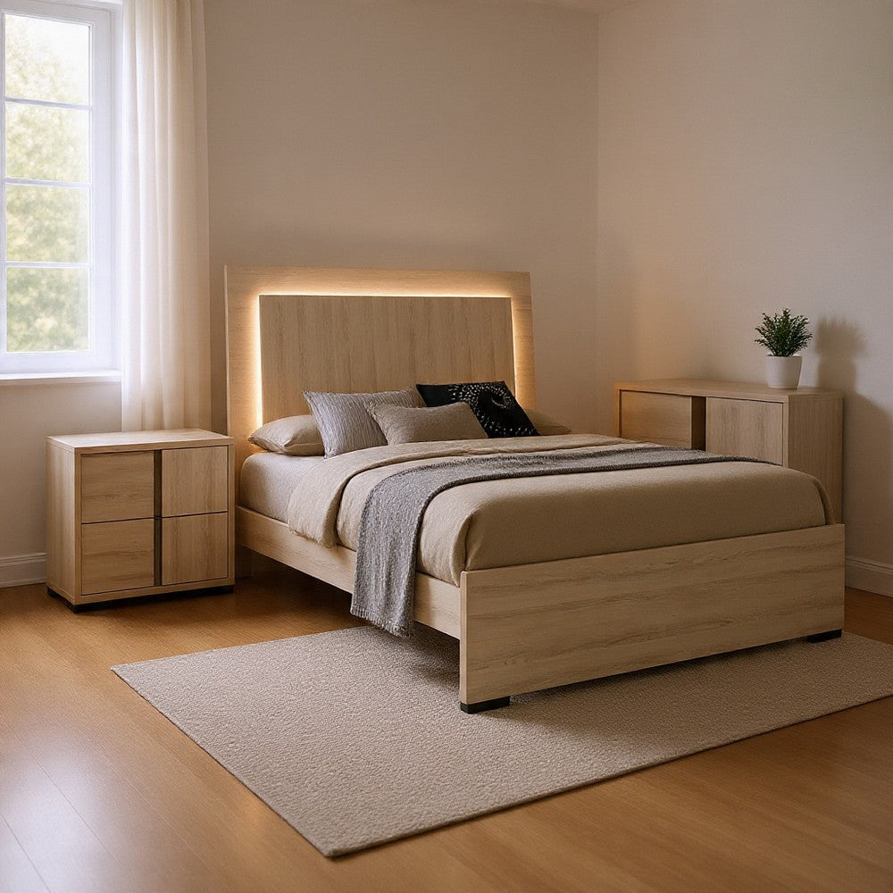 Queen Bedroom Set, White Wash, Chrome, 3 Piece Set with 2 Nightstands