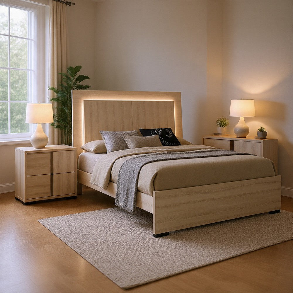 Queen Bedroom Set, White Wash, Chrome, 3 Piece Set with 2 Nightstands