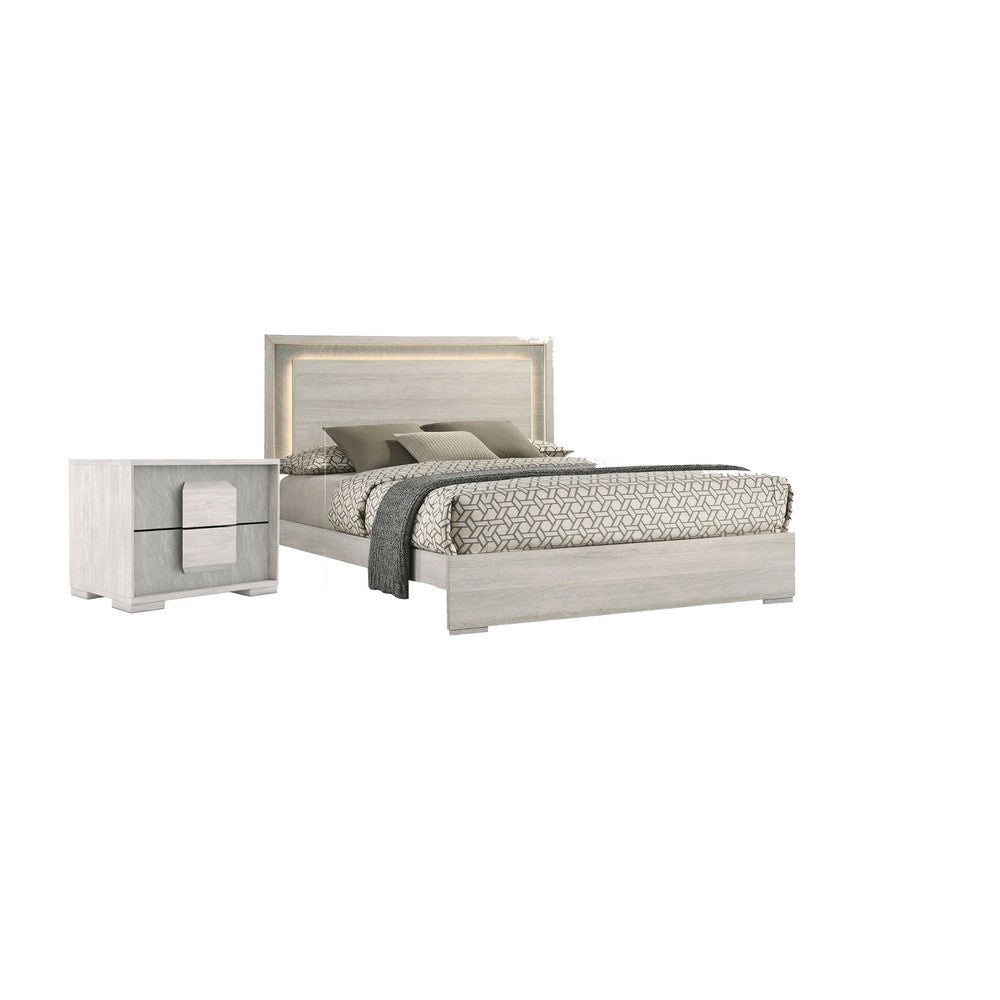 Queen Bedroom Set, White Wash, Stone Gray, 2 Piece Set with Nightstand