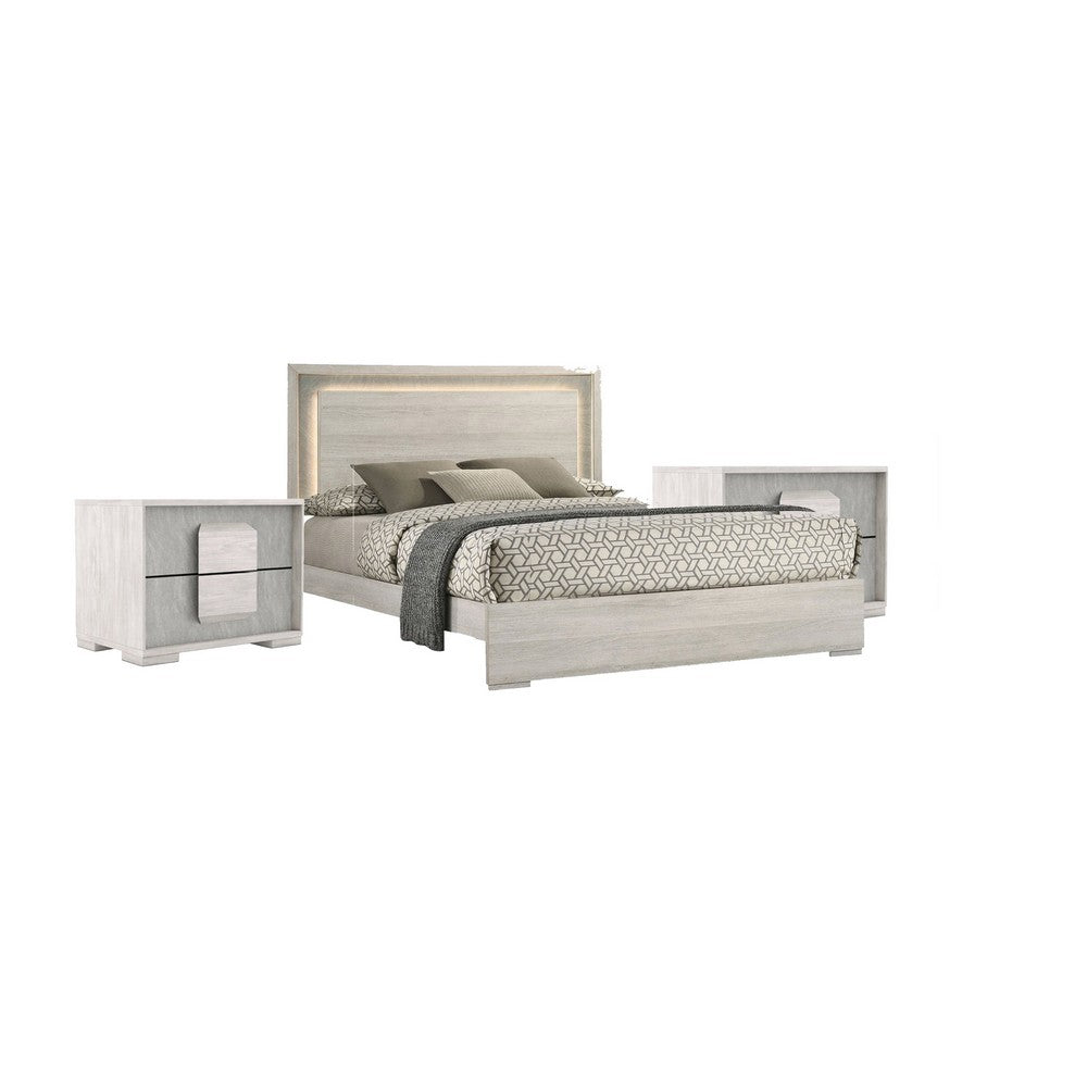 Queen Bedroom Set, White Wash, Stone Gray, 3 Piece Set with 2 Nightstands