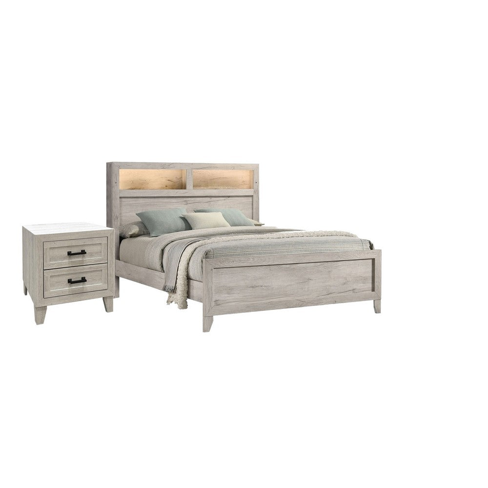 Queen Bedroom Set, White Wash, Black Wood, 2 Piece Set with Nightstand