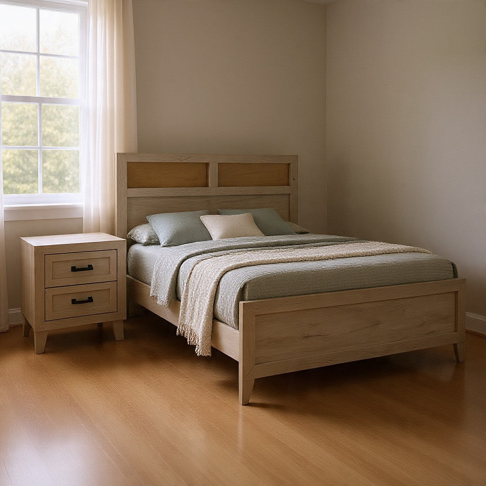 Queen Bedroom Set, White Wash, Black Wood, 2 Piece Set with Nightstand