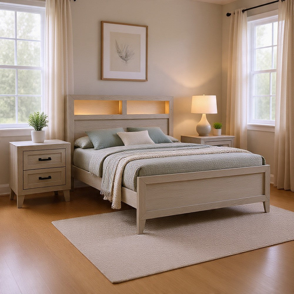 Queen Bedroom Set, White Wash, Black Wood, 2 Piece Set with Nightstand