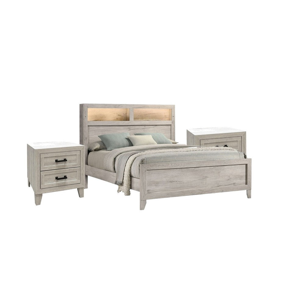 Queen Bedroom Set, White Wash, Black Wood, 3 Piece Set with 2 Nightstands