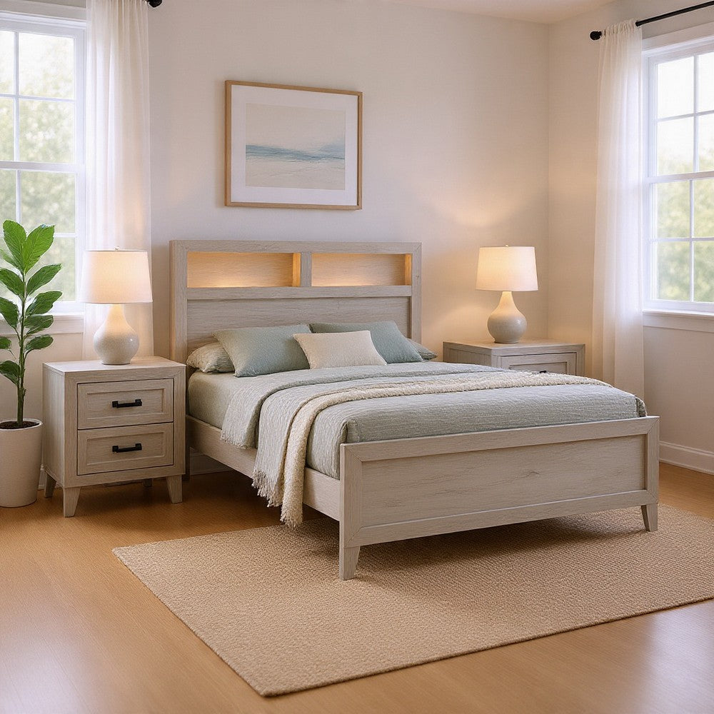 Queen Bedroom Set, White Wash, Black Wood, 3 Piece Set with 2 Nightstands
