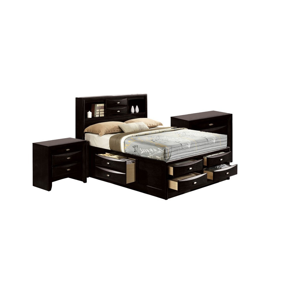 Queen Bedroom Set in Black & Nickel Wood – 3 Piece Set with 2 Nightstands