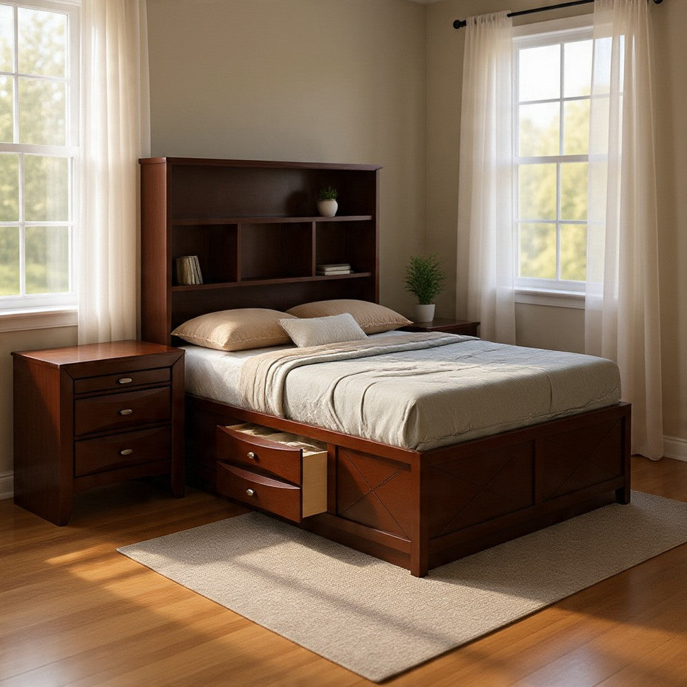 Queen Bedroom Set, Cherry Brown, Nickel Wood, 2 Piece Set with Nightstand