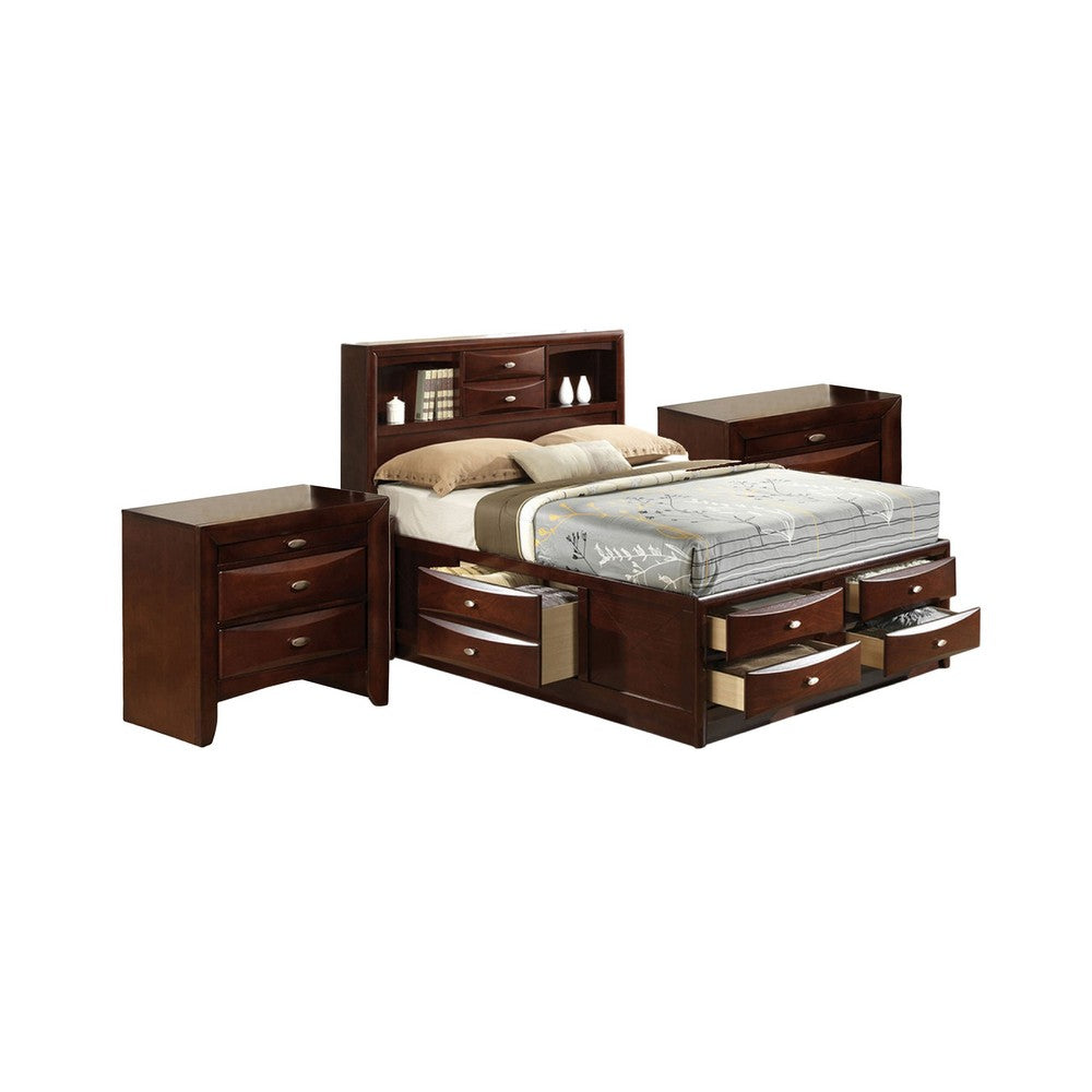 Queen Bedroom Set, Cherry Brown, Nickel Wood, 3 Piece Set with 2 Nightstands