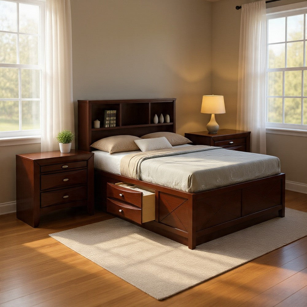 Queen Bedroom Set, Cherry Brown, Nickel Wood, 3 Piece Set with 2 Nightstands