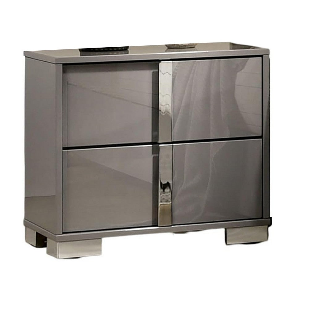 Queen Bedroom Set, Light Taupe, Chrome Silver Wood, 2 Piece Set with Nightstand
