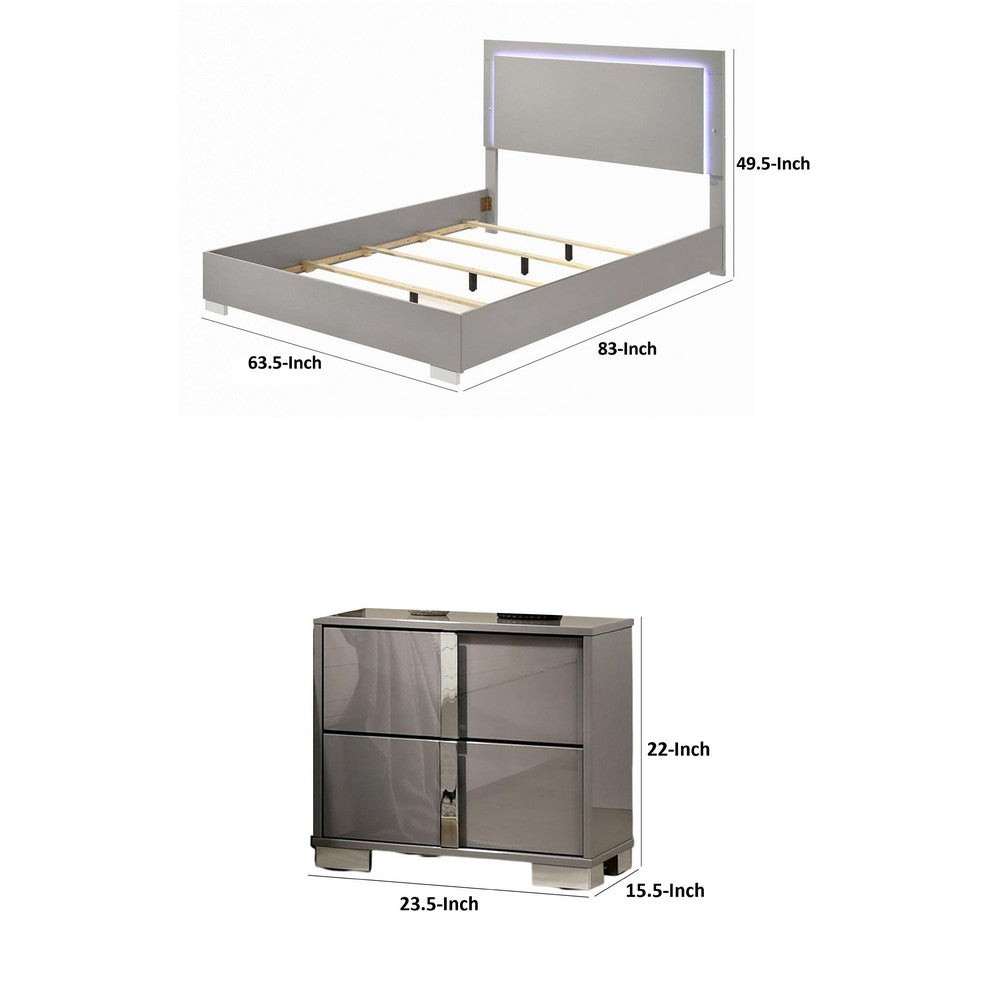 Queen Bedroom Set, Light Taupe, Chrome Silver Wood, 2 Piece Set with Nightstand