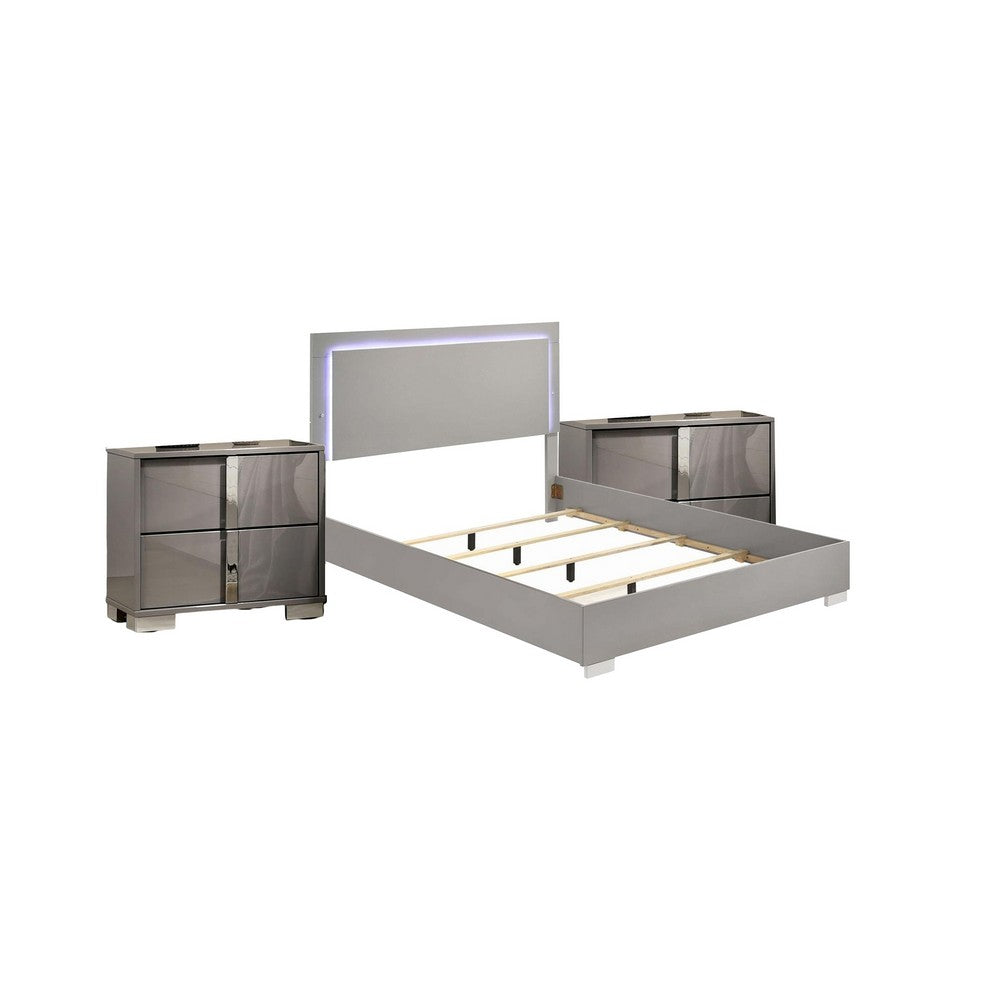 Queen Bedroom Set, Light Taupe, Chrome Silver Wood, 3 Piece Set with 2 Nightstands