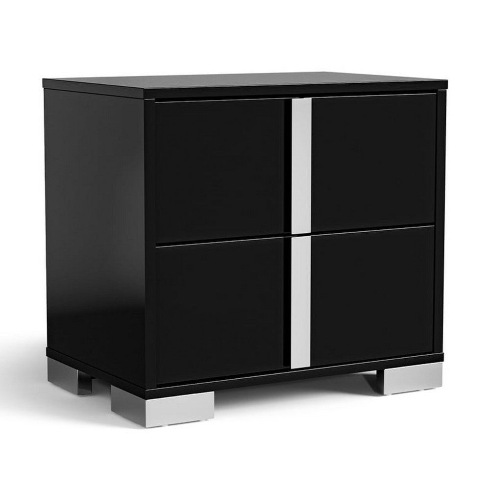 Queen Bedroom Set, Piano Black, Chrome, Chrome Silver Wood, 2 Piece Set with Nightstand