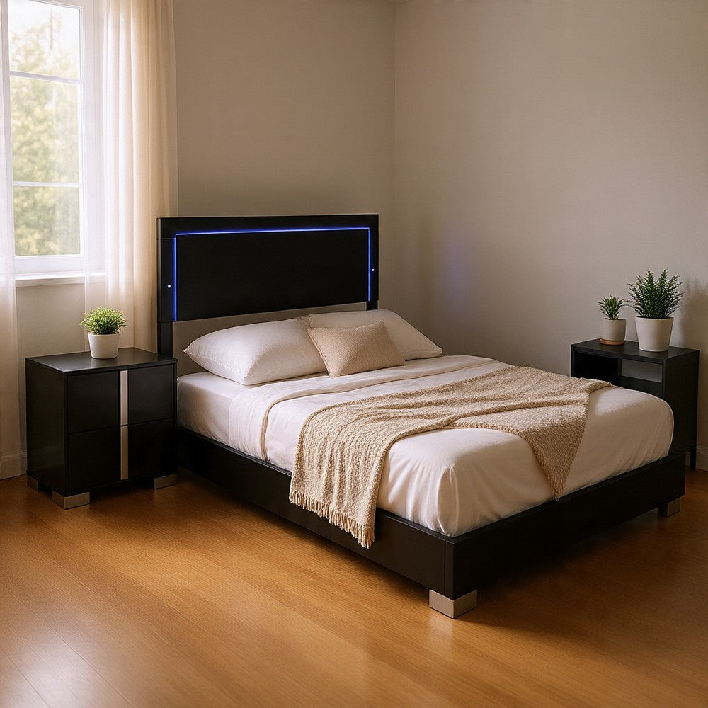 Queen Bedroom Set, Piano Black, Chrome, Chrome Silver Wood, 2 Piece Set with Nightstand