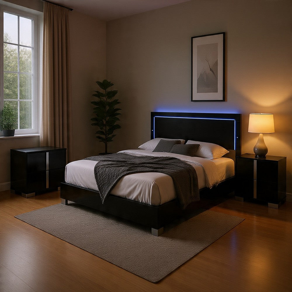 Queen Bedroom Set, Piano Black, Chrome, Chrome Silver Wood, 2 Piece Set with Nightstand