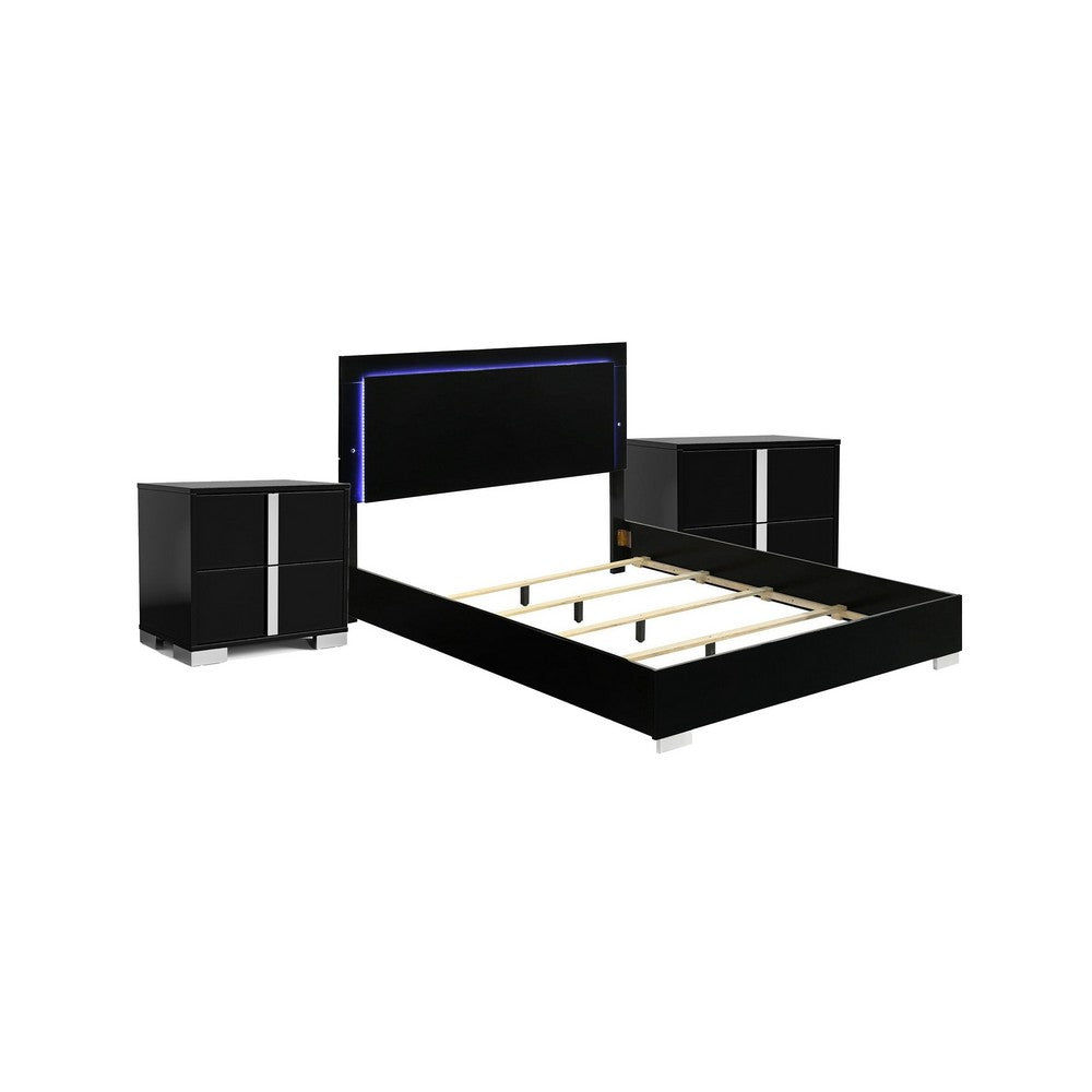 Queen Bedroom Set, Piano Black, Chrome, Chrome Silver Wood, 3 Piece Set with 2 Nightstands