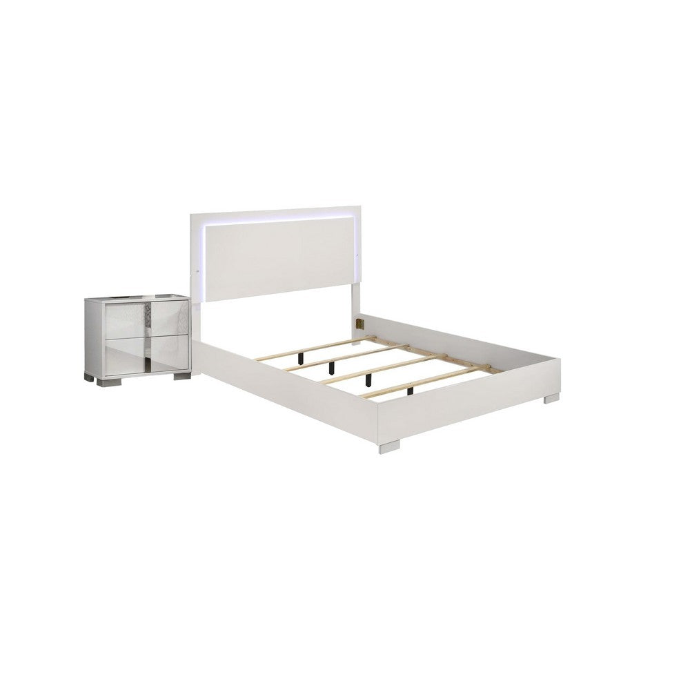 Queen Bedroom Set, White, Chrome, Chrome Silver Wood, 2 Piece Set with Nightstand