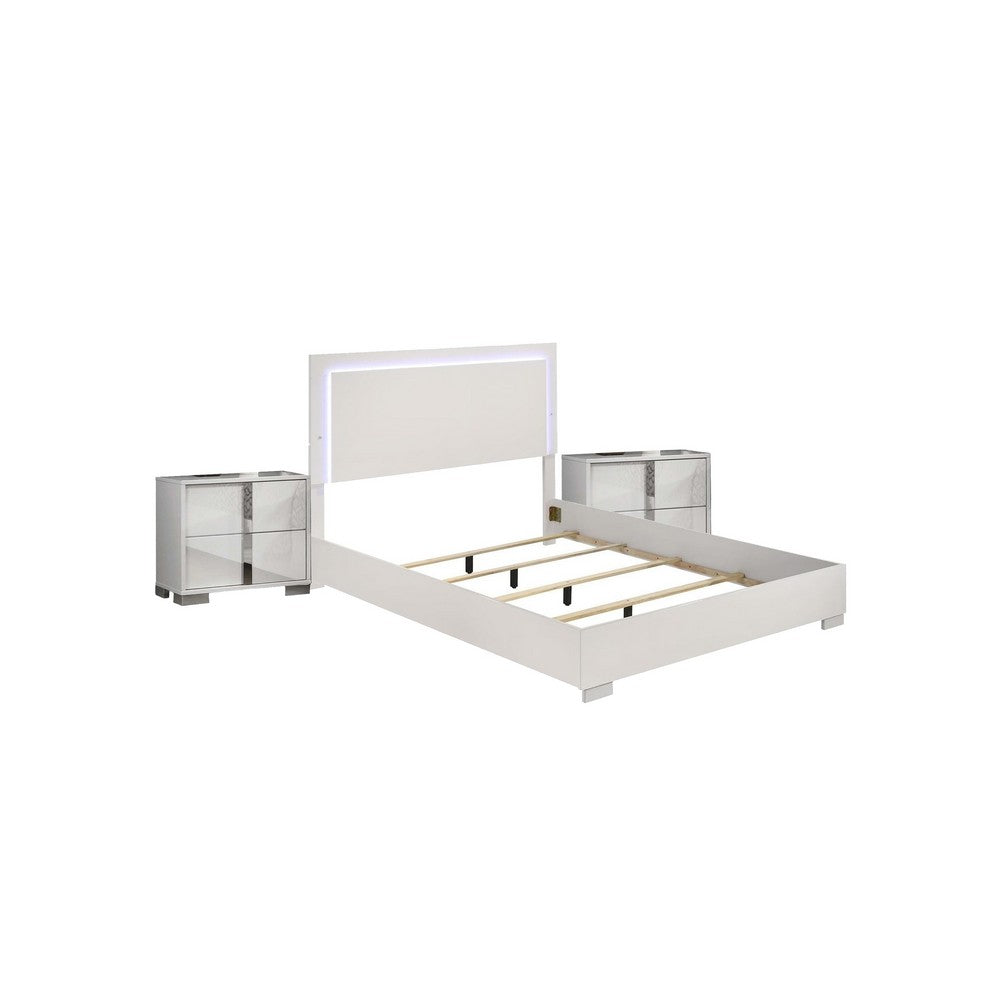 Queen Bedroom Set, White, Chrome, Chrome Silver Wood, 3 Piece Set with 2 Nightstands