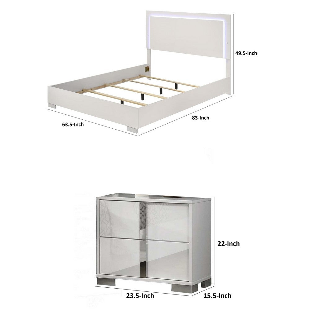 Queen Bedroom Set, White, Chrome, Chrome Silver Wood, 3 Piece Set with 2 Nightstands