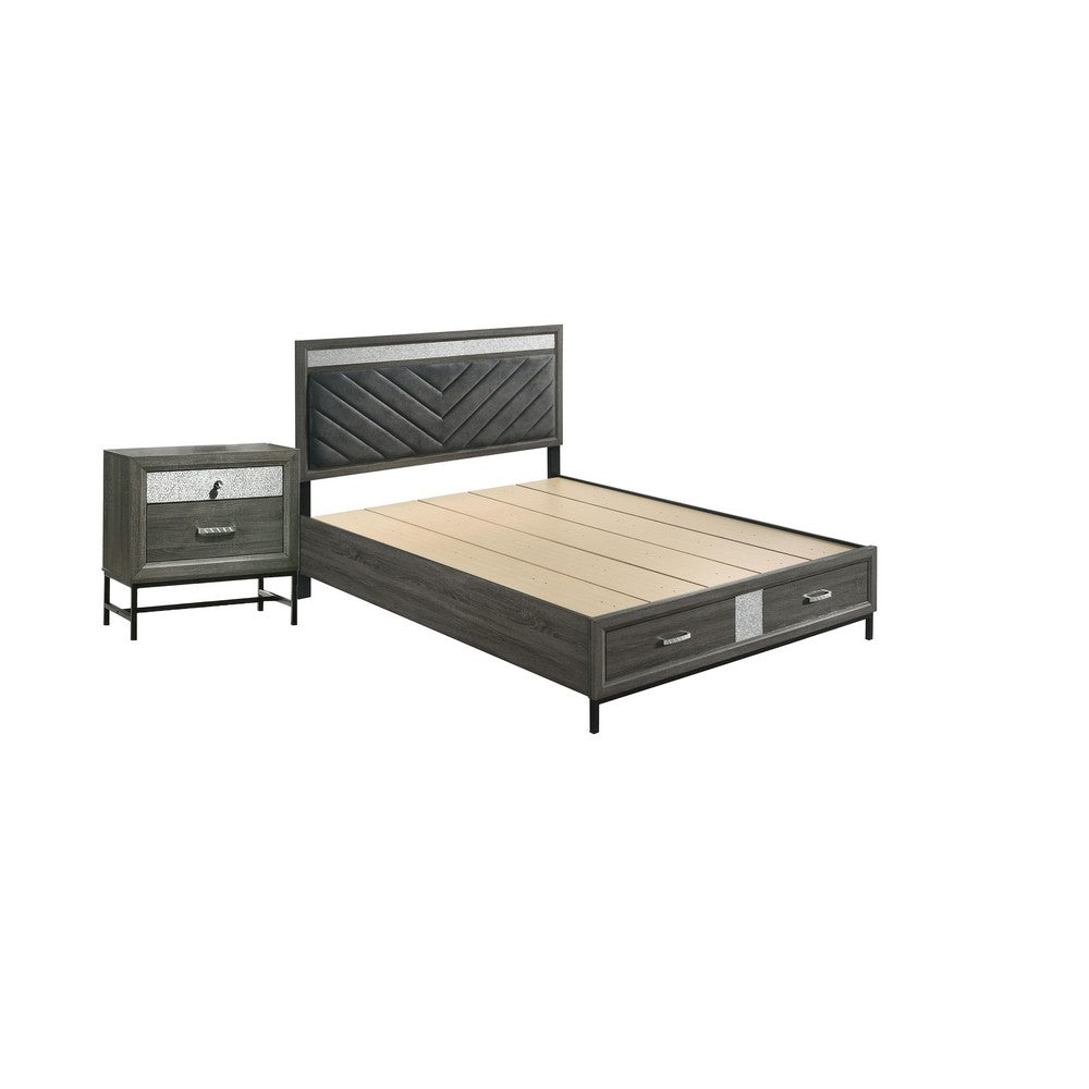 Queen Bedroom Set, Gray, Silver, Black Wood, 2 Piece Set with Nightstand