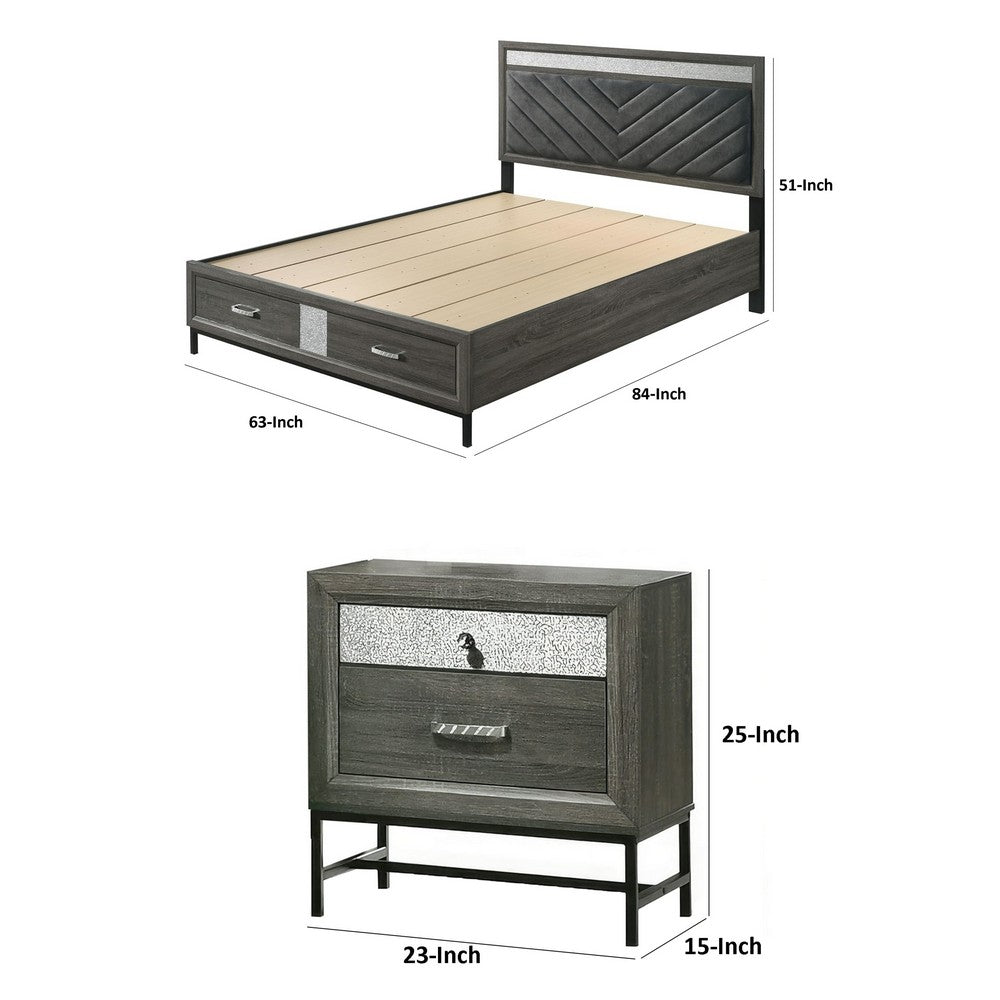 Queen Bedroom Set, Gray, Silver, Black Wood, 2 Piece Set with Nightstand