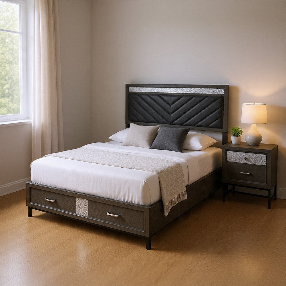 Queen Bedroom Set, Gray, Silver, Black Wood, 2 Piece Set with Nightstand